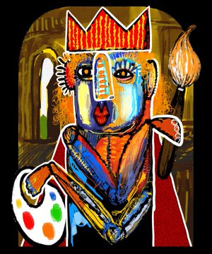 A colorful, abstract painting of a stylized figure wearing a crown, holding a paintbrush and palette.