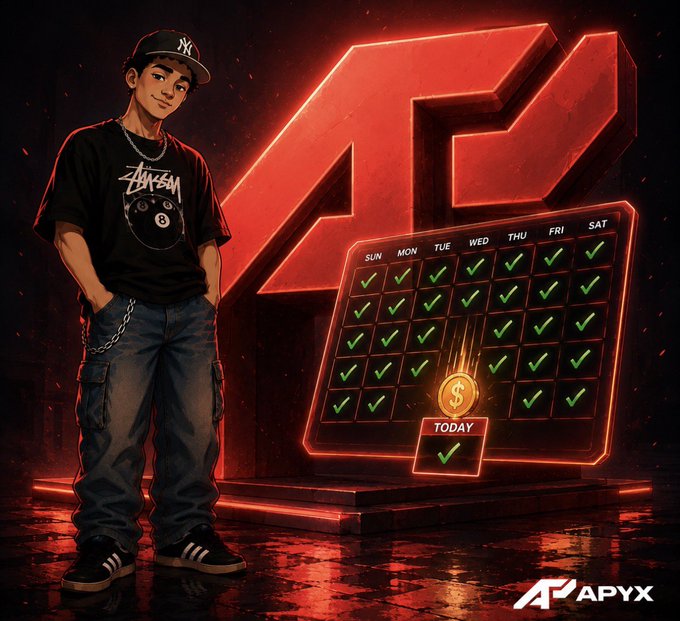 Stylized illustration of a young man in a NY Yankees cap and Stüssy shirt standing next to a red neon APYX logo and a calendar showing daily checkmarks with a Bitcoin token marking 'TODAY'.