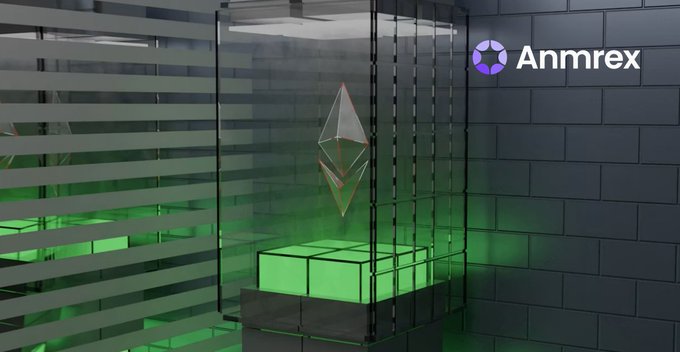 The image shows a glass display case containing a glowing Ethereum logo (the diamond-shaped emblem) suspended above a green illuminated platform, with the "Anmrex" logo and branding in the upper right corner. This visual directly ties to the post about Anmrex exchange and its capabilities as a digital asset platform in the context of Ethereum's significant iteration.