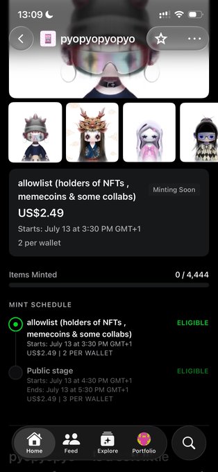 A mobile app screenshot shows an NFT minting page for 'allowlist (holders of NFTs, memecoins & some collabs)' by 'pyopyopyopyo' at US$2.49, starting July 13, with 0/4,444 items minted.
