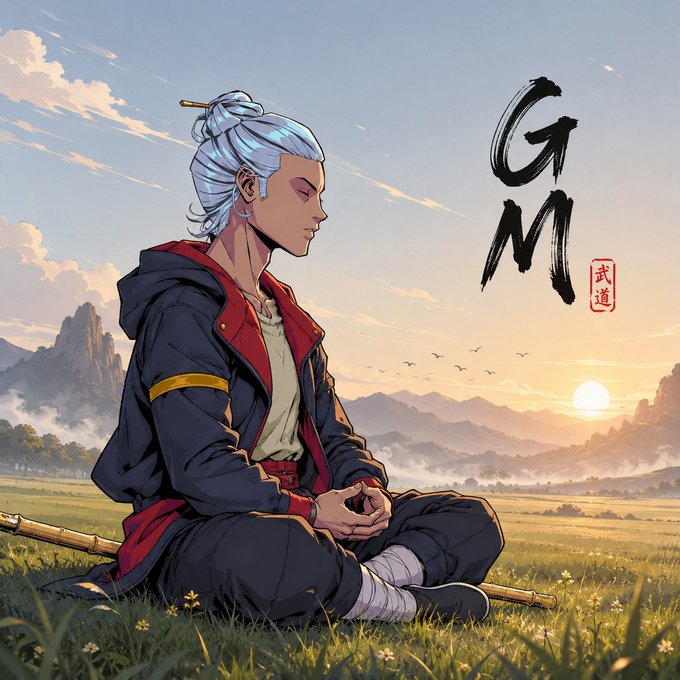 The image features a man sitting cross-legged in a grassy field, holding a stick or pole as he looks up at the sky. The background of the image shows mountains under a sunset, creating a serene atmosphere. The caption "Gm Fam. It feels like early Solana good days with stronger community" suggests that this scene might be inspired by the popular video game series "Solana". The man's pose and the stick he is holding could symbolize his connection to the game or its themes of exploration, adventure, and community building.