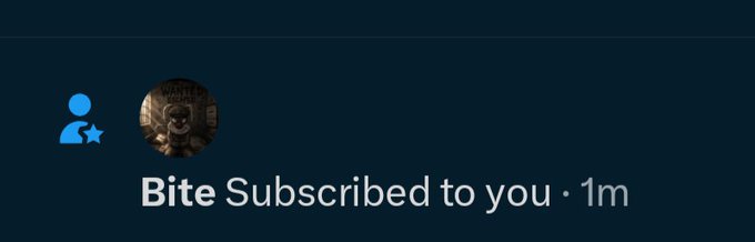 A YouTube notification showing 'Bite Subscribed to you · 1m' with a blue person-plus-star icon and a profile picture of a dog.
