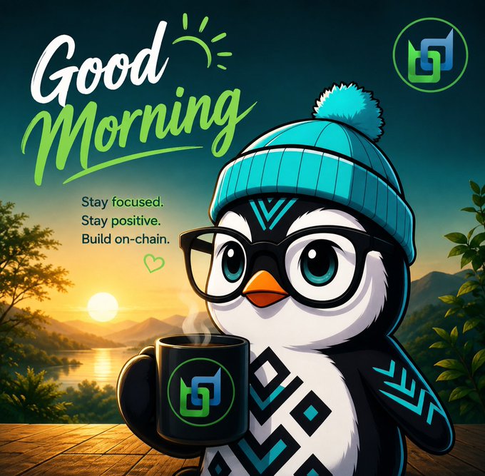 A cartoon penguin wearing a blue beanie and glasses holds a mug with a green logo, with text reading "Good Morning," "Stay focused. Stay positive. Build on-chain."