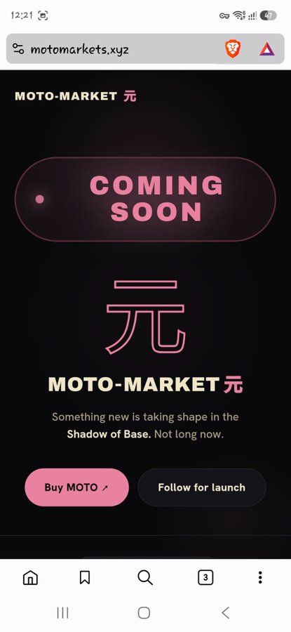 The image shows a "Coming Soon" page for "Moto-Market 元" on motomarkets.xyz, with the tagline "Something new is taking shape in the Shadow of Base. Not long now." It features a "Buy MOTO" button and a "Follow for launch" button, visually supporting the post's bullish sentiment about one of the oldest ToshiMart projects still building after more than a year.