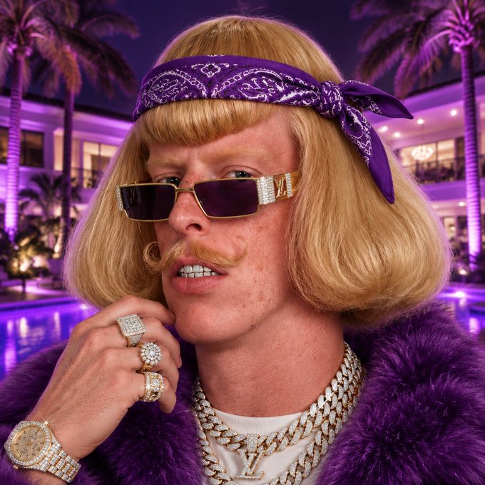 A close-up portrait shows a person in a blond bob wig, purple bandana, sunglasses, jewelry, and a purple fur-like garment in a neon-lit outdoor setting.