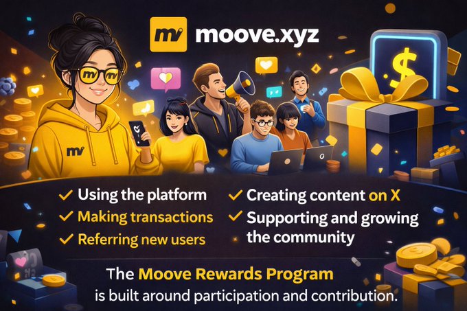 The image features a poster for a rewards program called @moovexyz, which encourages people to use the platform by highlighting its benefits such as creating content, making transactions, referring new users, supporting and growing the community, and receiving rewards. The poster also includes a gift box with a $100 bill inside, symbolizing the potential rewards one can gain from participating in the program.
