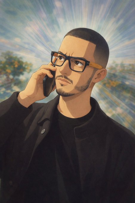A stylized digital portrait of a man with glasses and a beard, wearing a dark jacket, talking on a phone with a sunburst effect in the sky behind him.