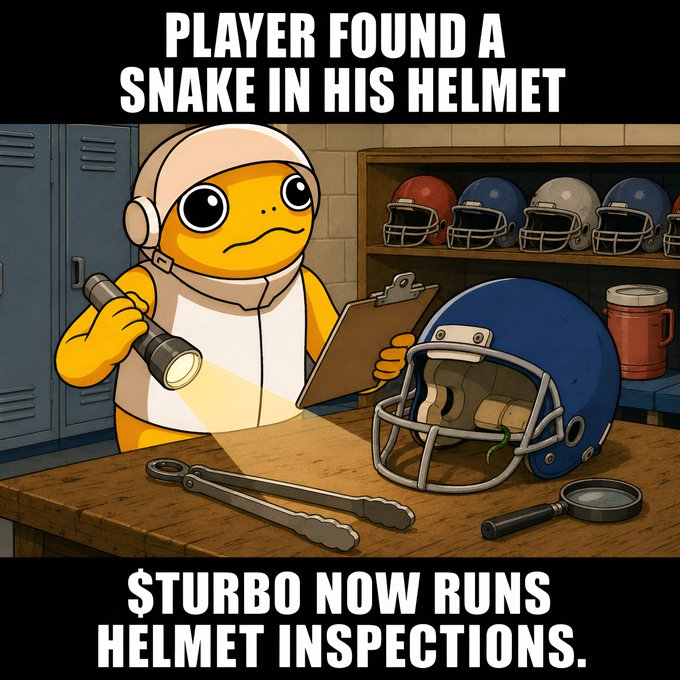 A cartoon turtle wearing a cap inspects a football helmet with a flashlight, discovering a small green snake inside, with tools and a clipboard on the bench. The image's text reads "PLAYER FOUND A SNAKE IN HIS HELMET" and "$TURBO NOW RUNS HELMET INSPECTIONS," tying directly to the post about $TURBO implementing mandatory helmet inspections.