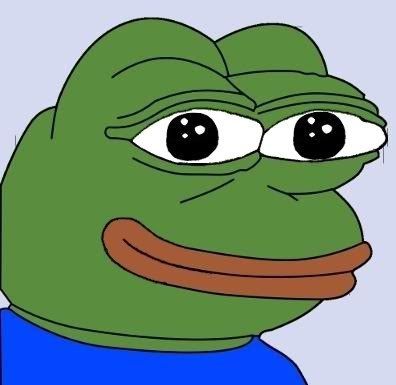 A digital illustration of the "Pepe the Frog" meme character with large eyes and a wide smile against a light blue background.