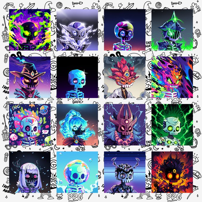 A grid of sixteen colorful, stylized cartoon skull characters with various designs, set against a white background with black doodle art.