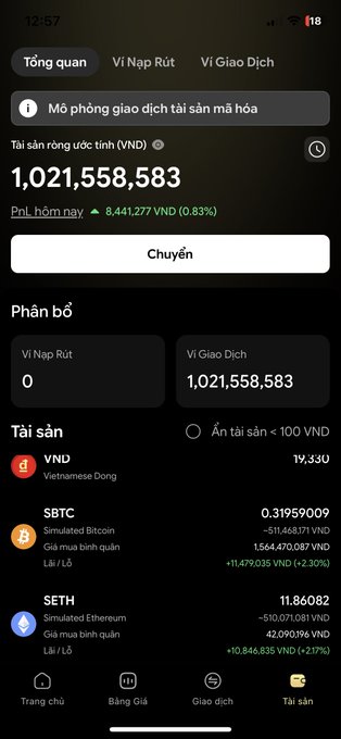 A Vietnamese cryptocurrency portfolio screenshot showing total assets of 1,021,558,583 VND, including holdings in SBTC (0.31959009 BTC) and SETM (11.86082 ETH) with daily gains.