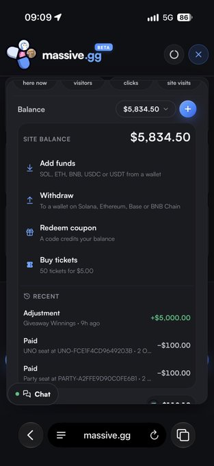 A mobile screenshot of the massive.gg website displaying a site balance of $5,834.50, with options to add funds, withdraw, redeem coupons, and buy tickets, along with recent transaction history.