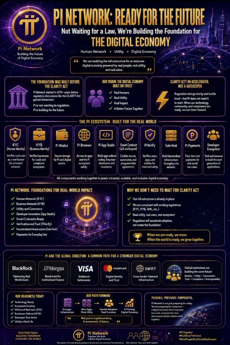 A promotional infographic titled "Pi Network: Ready for the Future" outlines Pi's infrastructure and ecosystem across categories like KYC, Pi Wallet, Pi Browser, and Smart Contracts, arguing the network doesn't need to wait for the CLARITY Act to grow. It highlights partnerships with BlackRock, JPMorgan, Visa, Mastercard, SWIFT, and the IMF, aligning with the post's message that Pi can thrive under existing regulations while building for the digital economy.