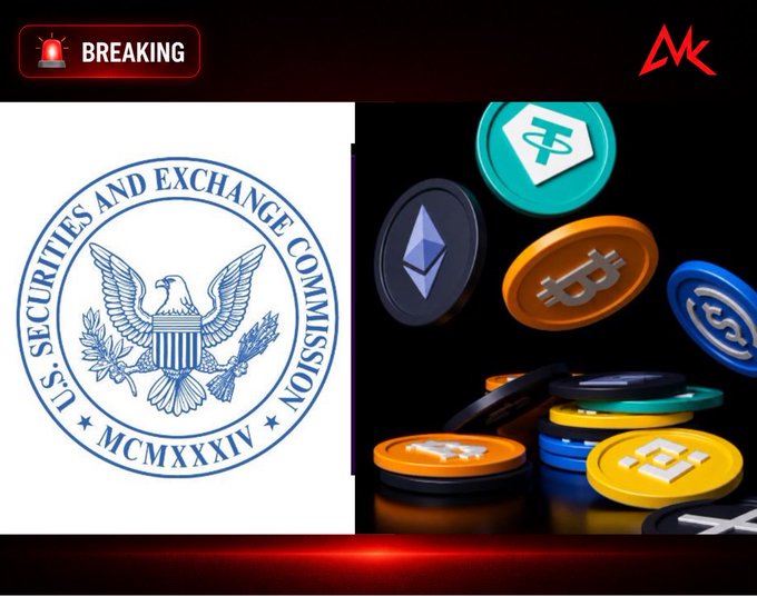 A news graphic displays the U.S. Securities and Exchange Commission (SEC) seal with 'BREAKING' text alongside various cryptocurrency coins including Bitcoin, Ethereum, Tether, and Binance.