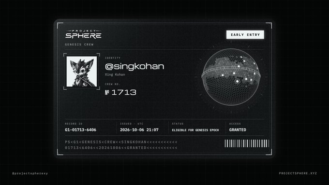 A digital 'Project Sphere Genesis Crew' ID card for user @singkohan, displaying crew number 1713, record ID 01-01713-6406, and access status 'GRANTED' with an 'EARLY ENTRY' badge.