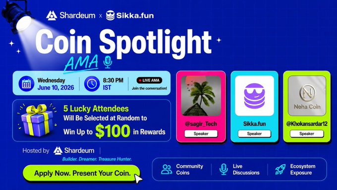 The image features a poster or banner with a blue background that displays information about an upcoming event called "Coin Spotlight AMA" scheduled for Wednesday, June 10th at 3:30 PM. The event aims to bring together community creators and enthusiasts to share their stories, experiences, and insights related to coin projects. There are three main sections on the poster, each representing different aspects of the event or the attendees involved in it.