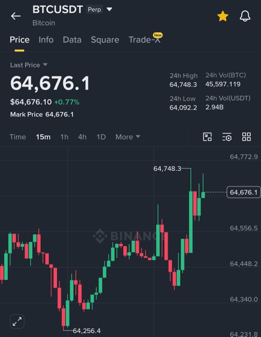 A Binance trading chart shows BTC/USDT Perpetual at $64,676.1, up 0.77% with a 24-hour range between $64,092.2 and $64,748.3 on a 15-minute timeframe. The accompanying post frames this short-term volatility as just noise within Bitcoin's broader long-term growth story driven by increasing adoption and institutional interest.