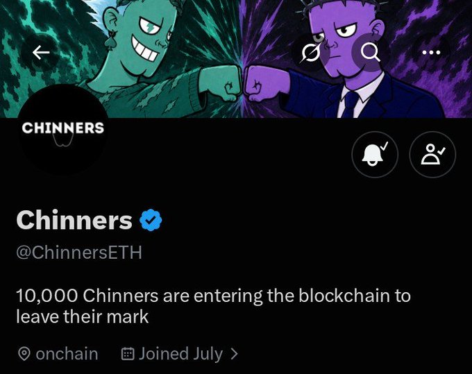 An X (Twitter) profile page for "Chinners" (@ChinnersETH), verified with blue checkmark, tagged "onchain" and "Joined July". Bio reads: "10,000 Chinners are entering the blockchain to leave their mark." The banner shows two anime-style fist-bumping characters in green and purple.