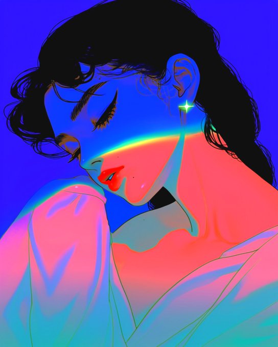 A vibrant, high-contrast digital illustration of a woman with closed eyes bathed in neon blue and pink lighting, featuring a glowing star-shaped earring.