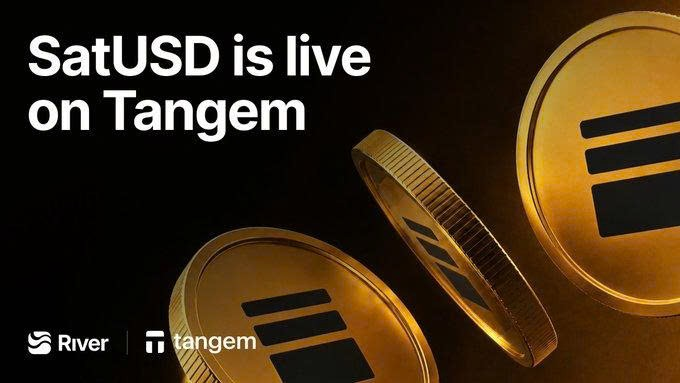 A promotional graphic announcing 'SatUSD is live on Tangem' featuring golden coin imagery with the River and Tangem logos.