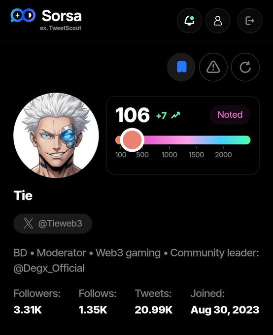 Sorsa profile of @Tieweb3 ("Tie") showing 106 Sorsa score (+7) with 3.31K followers, 1.35K following, and 20.99K tweets—acquired through roles as BD, Moderator, Web3 gaming, and Community leader at @Degx_Official, illustrating the growth journey from a Tecno Spark 30c in a college hostel to affiliate KOL status.
