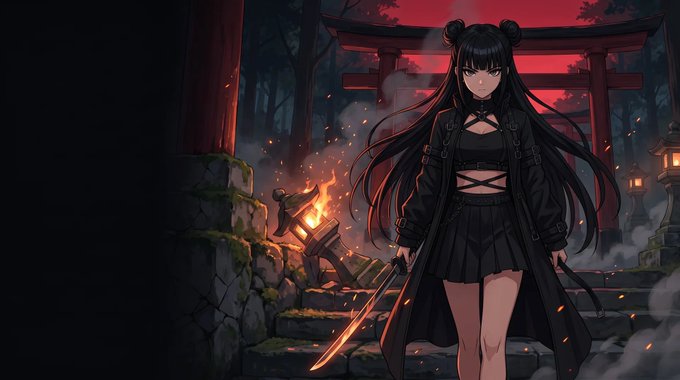 An anime-style illustration of a dark-haired girl in black gothic attire holding a glowing sword, standing before a red torii gate with a campfire burning beside her.