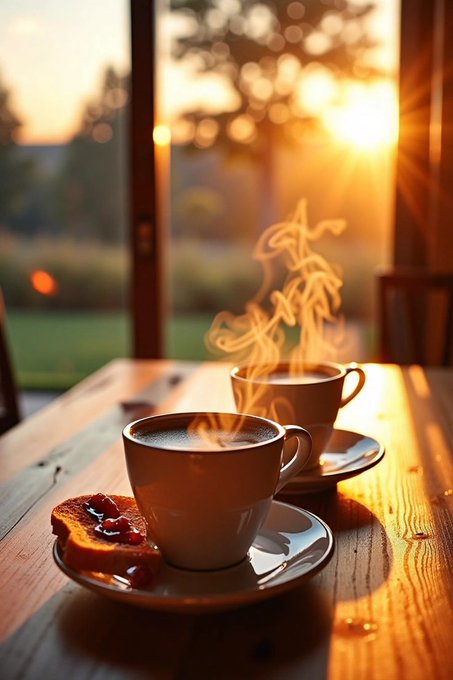 Two cups of steaming coffee sit on a wooden table by a window with golden sunset light, accompanied by a slice of toast with jam.