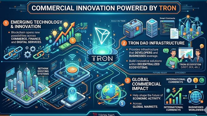 The image features a large blue graphic depicting various elements of commercial innovation powered by TRON technology. The graphic includes illustrations of buildings representing different aspects of commerce, finance, and digital services, as well as a map showing the global impact of TRON innovation. The text in the image emphasizes that commercial innovation is driven by emerging technologies like blockchain and TRON DAO, which provide opportunities to rethink existing systems across various industries.