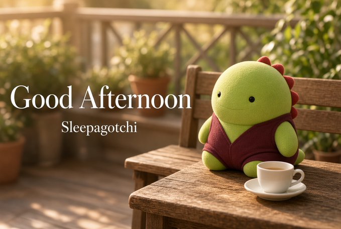 A cozy scene of a green dinosaur plush toy wearing a red vest sitting on a wooden bench next to a cup of coffee, with text reading 'Good Afternoon Sleepagotchi'.