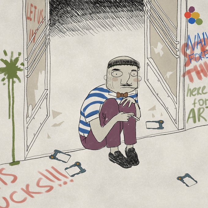 A dejected cartoon figure sits hunched in a doorway surrounded by graffiti reading "LET US IN," "NAII FOCK," and "FUCKS!!" while empty bottles litter the ground. The illustration humorously captures the chaotic mint experience described, with the frustrated character symbolizing collectors shut out by bot interference during the oversold Naives collection drop on Verse Works.