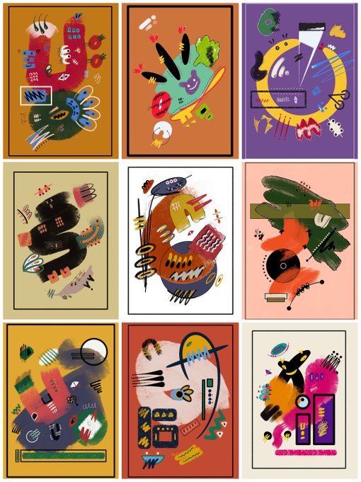A grid of nine abstract paintings in various vibrant colors, each featuring playful, chaotic compositions with geometric shapes, eyes, and expressive marks.