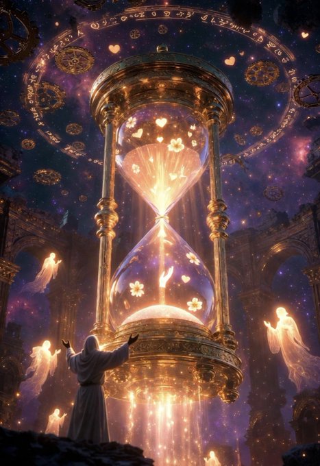 A mystical fantasy artwork depicts a robed figure with raised arms facing a massive glowing golden hourglass filled with floating hearts, surrounded by ethereal angelic figures under a cosmic purple sky with celestial symbols.