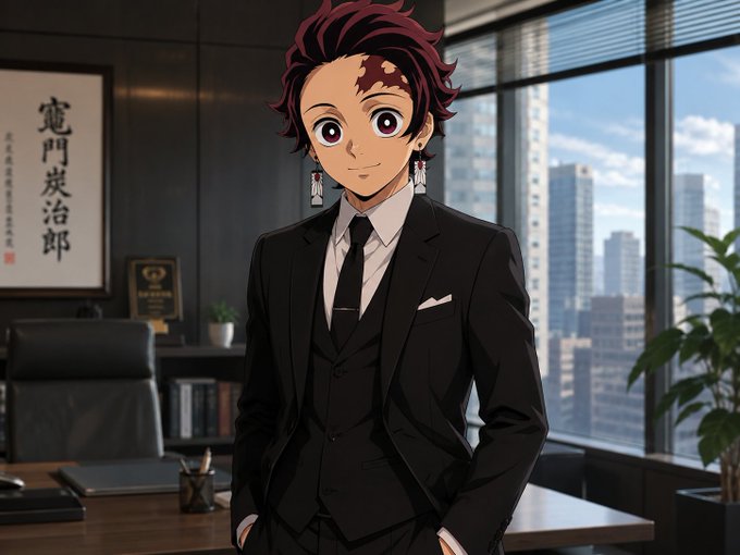 An anime-style illustration of a man with red hair wearing a formal black suit in a modern office with a city view, featuring a framed calligraphy piece with Japanese characters '竈門炭治郎' (Tanjiro Kamado) on the wall.