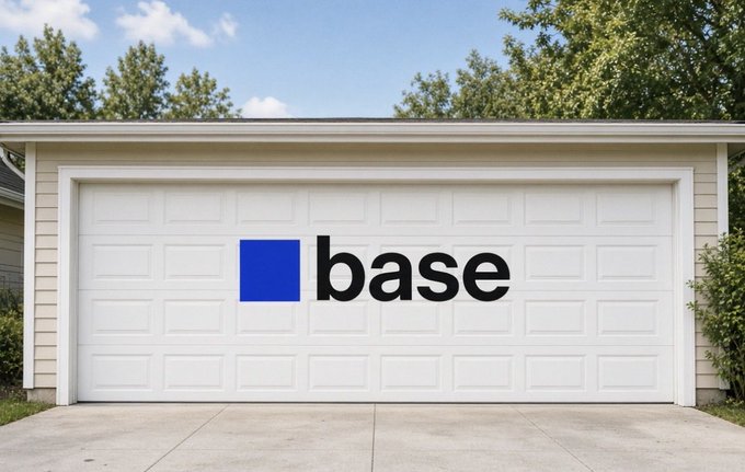 The Coinbase 'base' logo (a blue square next to the word 'base') displayed on a white residential garage door.