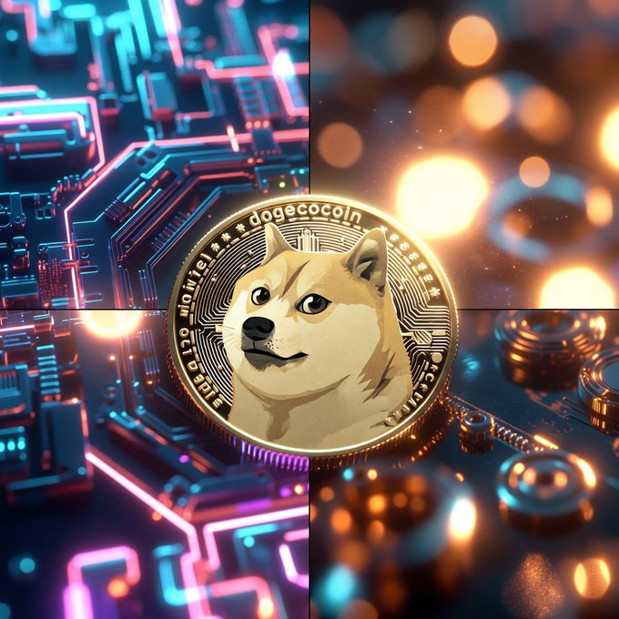 The image features a coin with a cartoon dog face on it, surrounded by various elements that create an interesting visual effect. The coin is placed in the center of the image, drawing attention to its unique design. In the background, there are neon lights and computer parts, adding to the overall theme of technology and digital artistry. The post caption reads "Dogecoin", which ties into the coin's design and reinforces the connection between the coin and the digital art style present in the image.