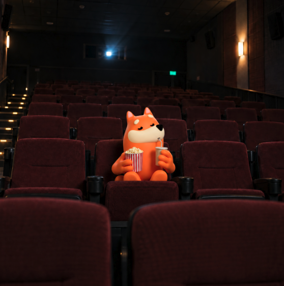 A cartoon Shiba Inu dog sits alone in an empty movie theater, holding a striped bucket of popcorn and a drink cup.