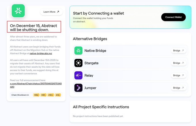 A webpage interface for Abstract chain shutdown showing 'On December 15, Abstract will be shutting down' alongside alternative bridge options like Native Bridge, Stargate, Relay, and Jumper.
