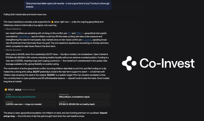 In this screenshot, there's a post by @liquidtrading that showcases a new market analysis tool called CoInvest. The post discusses the tool and its capabilities, stating that it confirmed several aspects about $XAUt which led to some insights for trading purposes. The main idea is to analyze the market in depth with a thorough understanding of the underlying data.
