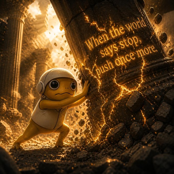 The image features a cartoon character, possibly a frog or a small animal, holding onto a pillar with its arms outstretched as if trying to push against an unseen force. The background of the image shows a scene of destruction, likely due to a storm or some other natural disaster. The caption "Relentless $TURBO" is written in white text at the bottom of the image, which could be interpreted as a reference to the character's determination and resilience despite the challenging circumstances.

The image also includes an overlay that reads "When the world says stop, say more." This quote adds depth to the scene by suggesting that the character might represent the idea of perseverance in the face of adversity or hardship.