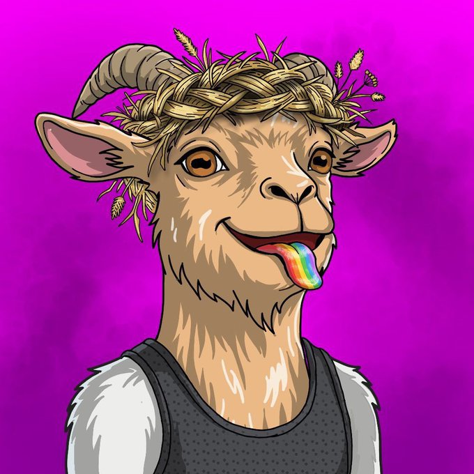 A cartoon-style illustration of an anthropomorphic goat character with a woven straw crown of wheat, sticking out a rainbow-colored tongue against a bright purple background.