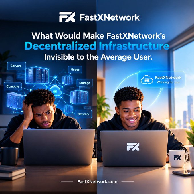 A young man looks stressed while trying to understand complex infrastructure (servers, nodes, compute, storage, network), while on the right he smiles at a laptop showing "FastXNetwork - Working for you," illustrating how the platform hides technical complexity from everyday users.