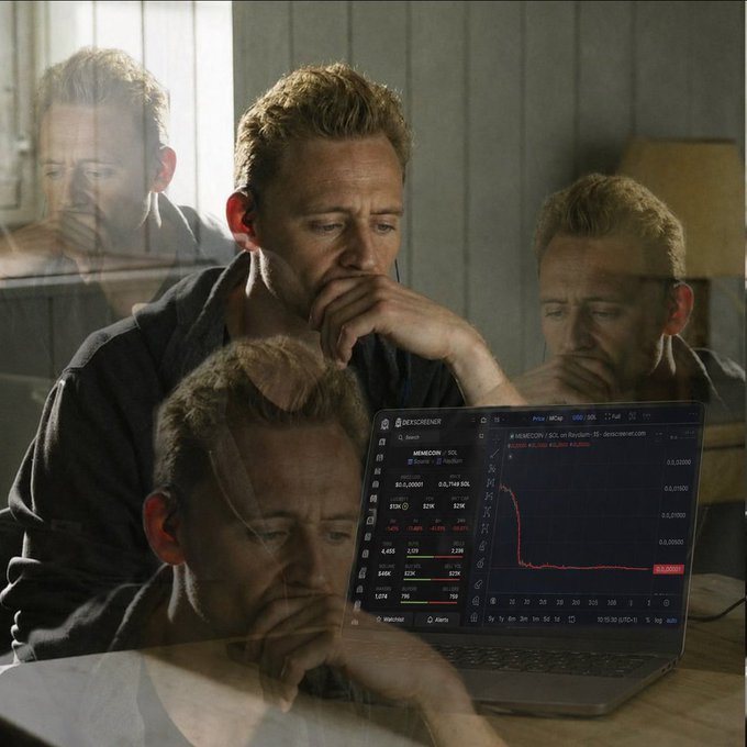 A man sits pensively with his hand on his chin, staring at a laptop displaying the DexScreener chart for the $MEMECON token, which shows a steep crash in price. The multiple reflections of him in the image visually reinforce the post's theme of regret, as the man reflects on the missed opportunity to turn $50 into six figures through a series of crypto trades.