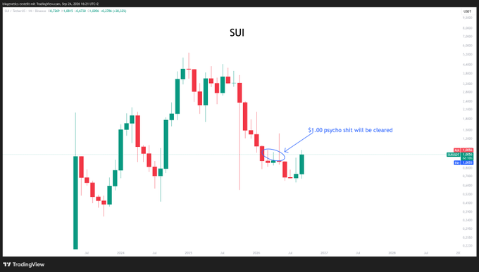 A TradingView monthly candlestick chart of SUI showing price action recovering toward the $1.00 psychological resistance level, with an annotation noting that the "$1.00 psycho shit will be cleared."