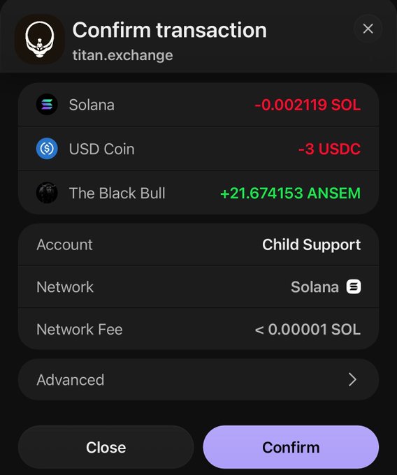 A Phantom wallet "Confirm transaction" screen for titan.exchange showing a swap on Solana from -0.002119 SOL and -3 USDC into +21.674153 ANSEM ("The Black Bull"), with a network fee under 0.00001 SOL. The image supports the post by visually documenting the user's aggressive accumulation of $ANSEM tokens through a recent on-chain swap.
