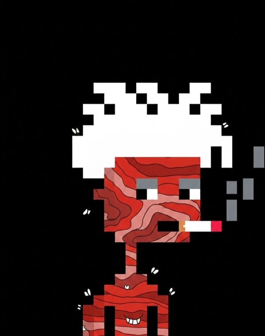 Pixel art portrait of a character with red textured skin resembling bacon, white hair, a cigarette in its mouth, and small teeth visible on its chest.