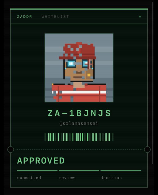 A pixel-art Zcash whitelist approval card displays a character in a red cap and shirt with the text "ZA-1BJNJS," "@solanasensei," and "APPROVED" alongside a progress bar marked "submitted, review, decision," visually representing the user's successful whitelist registration for the new Zcash NFT collection.