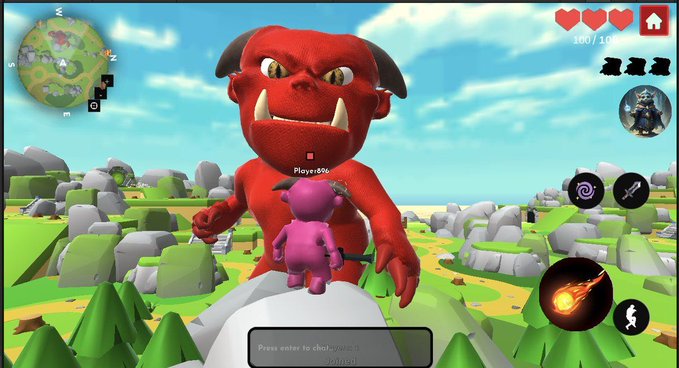A screenshot of a 3D multiplayer game shows a pink character (labeled "Ploxy-696") facing a massive red horned demon on a grassy, rocky landscape, with a chat prompt reading "Press enter to chat (key: 3)" and a "join" button. The game's "Rug Dollz" branding and rugged creature design visually connect to the promoted @RugDollzWorld community, suggesting the post invites fans to follow along with the development of this colorful adventure game.