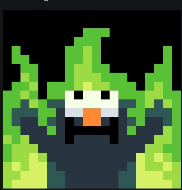 A pixel art image of a green, cactus-like or plant-like character with a simple smiling face on a dark background.
