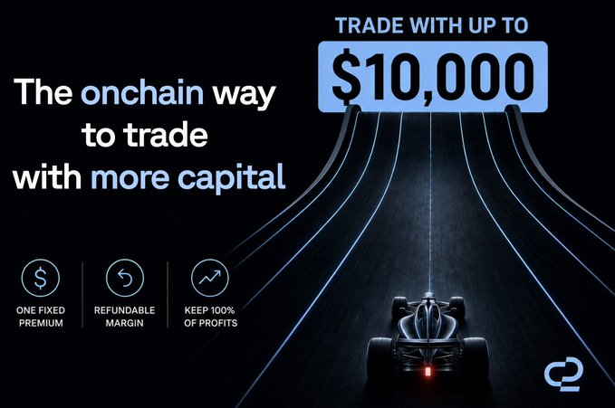 A promotional graphic for o2.app featuring a Formula 1-style racecar speeding through light trails, advertising "The onchain way to trade with more capital" with up to $10,000, highlighting benefits like one fixed premium, refundable margin, and keeping 100% of profits. The image directly addresses the post's call for increased trading capital and prop-trading power, with the racecar and "TURBO" branding symbolizing speed and amplified trading leverage.