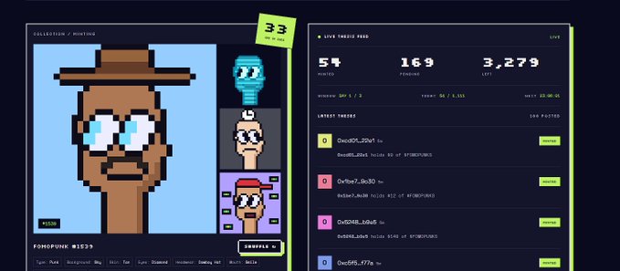 An NFT marketplace listing for "POMPUNK #1833," showing a pixel art character, ranked #33 with 54 owners, 169 followers, and a floor price of 3.279.